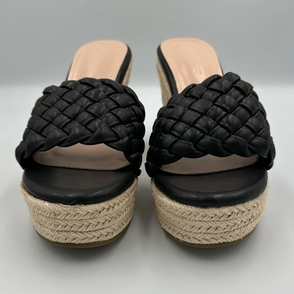 Black & Cream Braided Wedge Espadrille Platform Slides | Size 8 Summer Shoes
